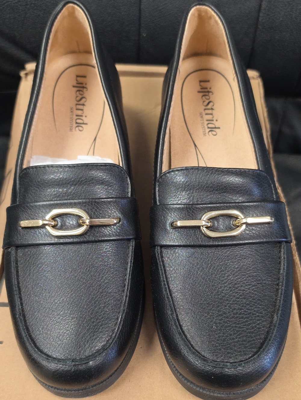Life Stride Black Leather Loafers with Gold Accent Hardware